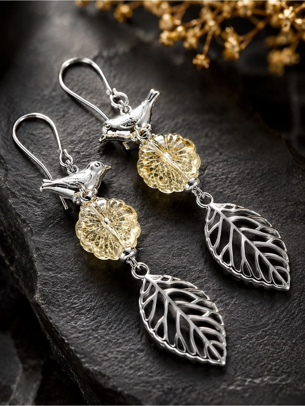 Bird & Leaf Dangle Earrings, Flower Glass, Silver Tone, Artisan Handmade